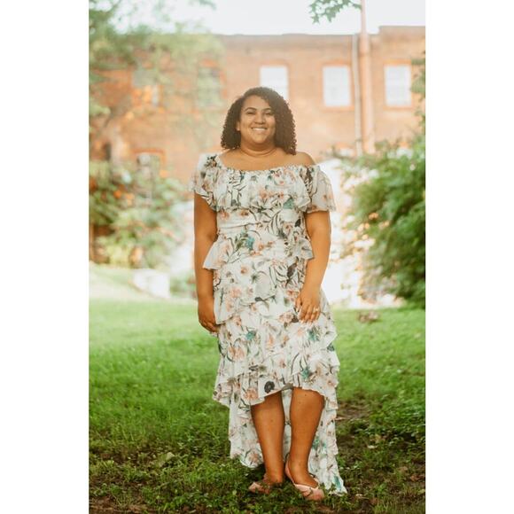 BADGLEY MISCHKA White Floral Printed Off-Shoulder Ruffles High-Low Maxi Dress 16 - Picture 4 of 16